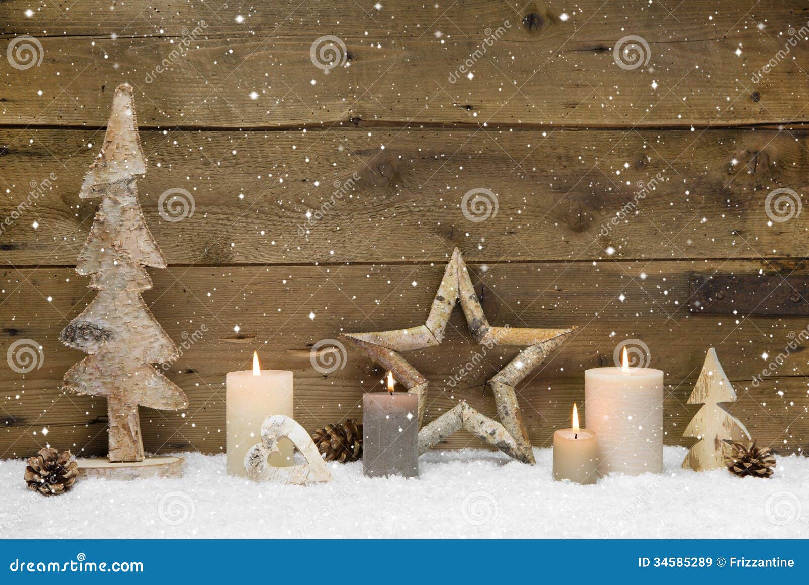 rustic country background - wood - with candles and snowflakes f