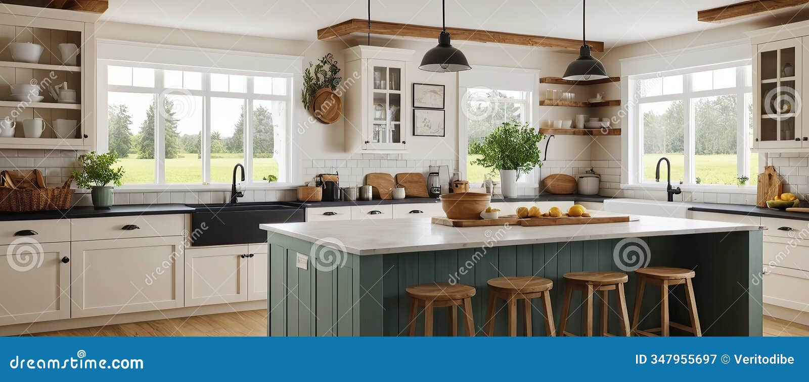 modern kitchen interior  with wooden furniture . naturla lighting.