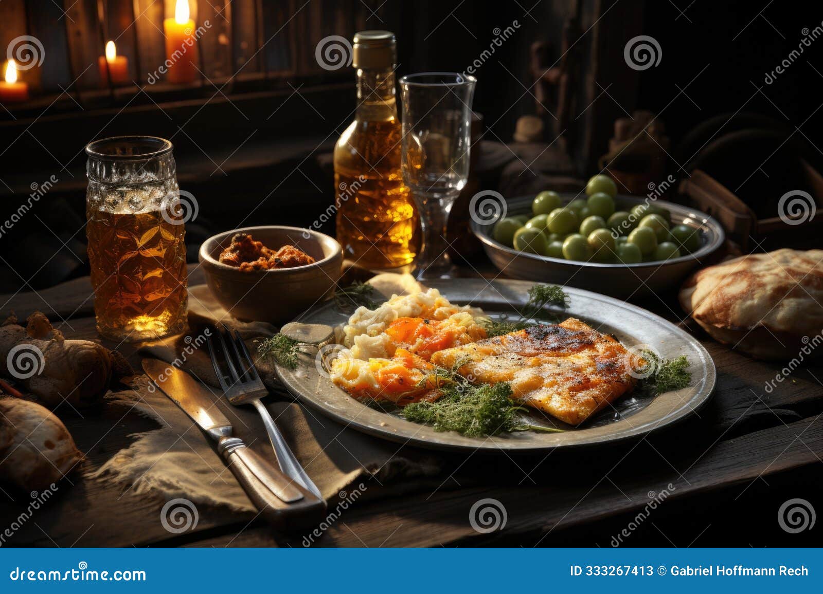rustic dinner with omelet of fried asparagus and roasted bread next to wov