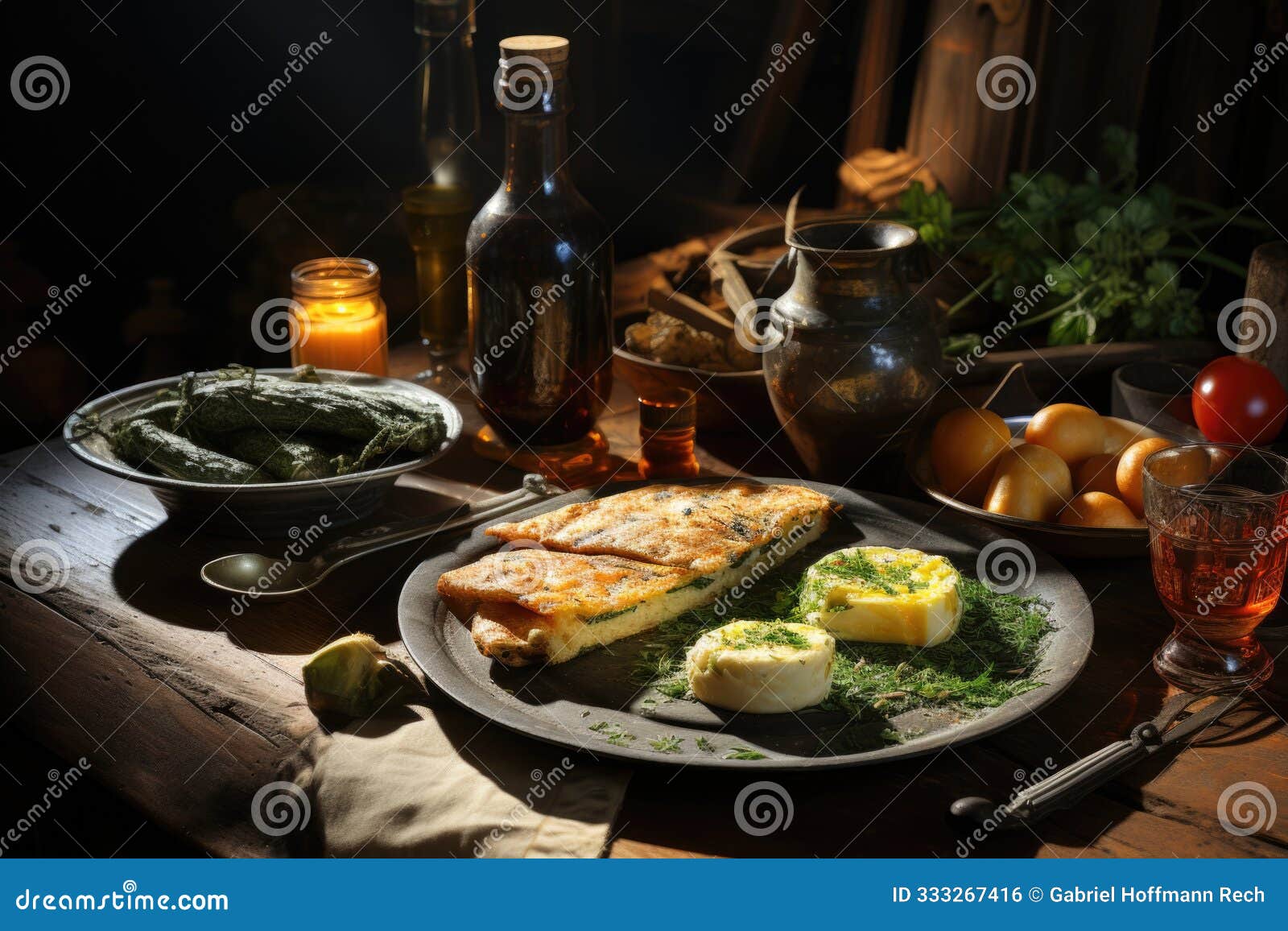 rustic dinner with omelet of fried asparagus and roasted bread next to wov
