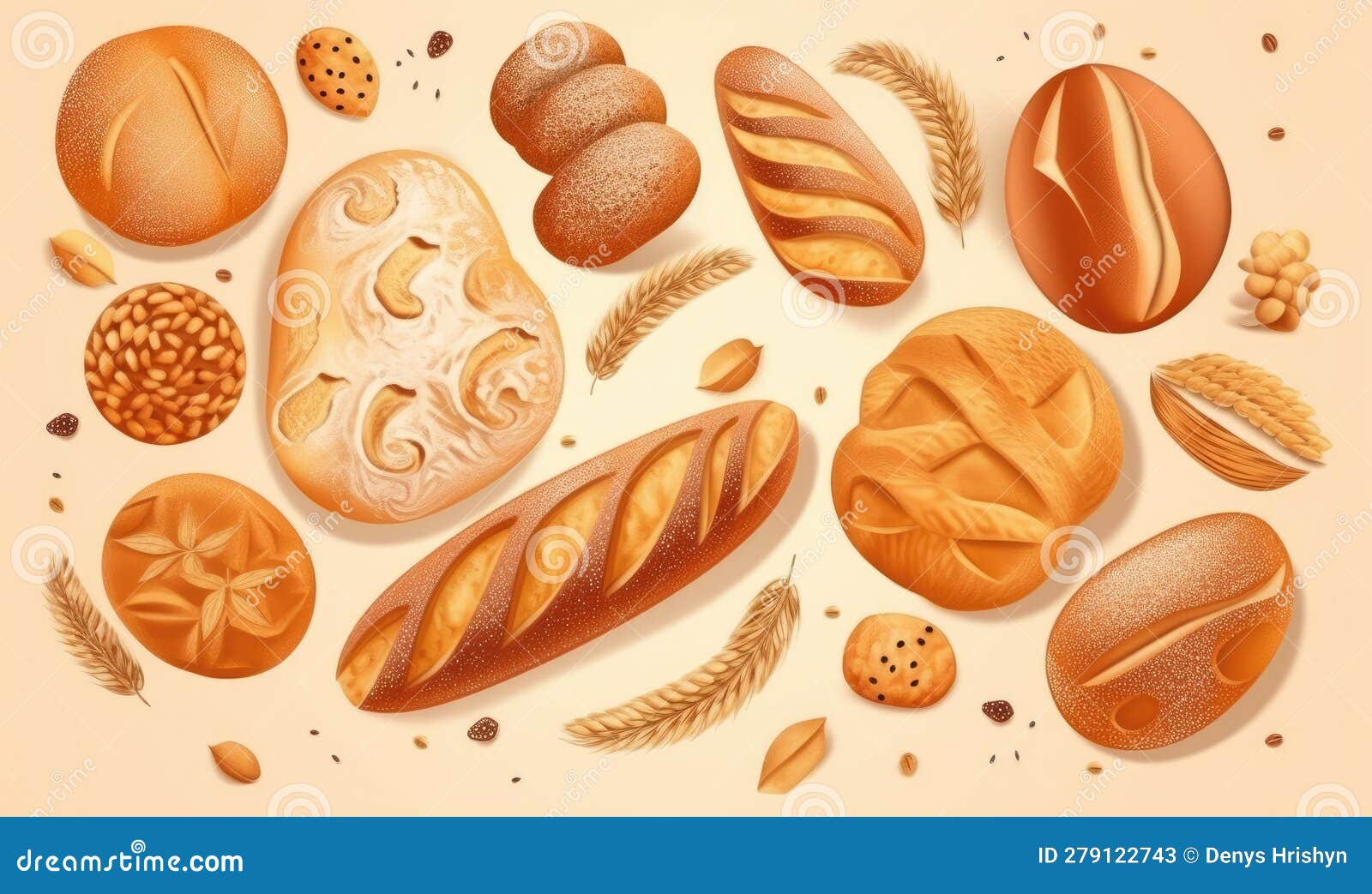 Rustic Display of Different Bread Varieties and Wheat Ears Creating