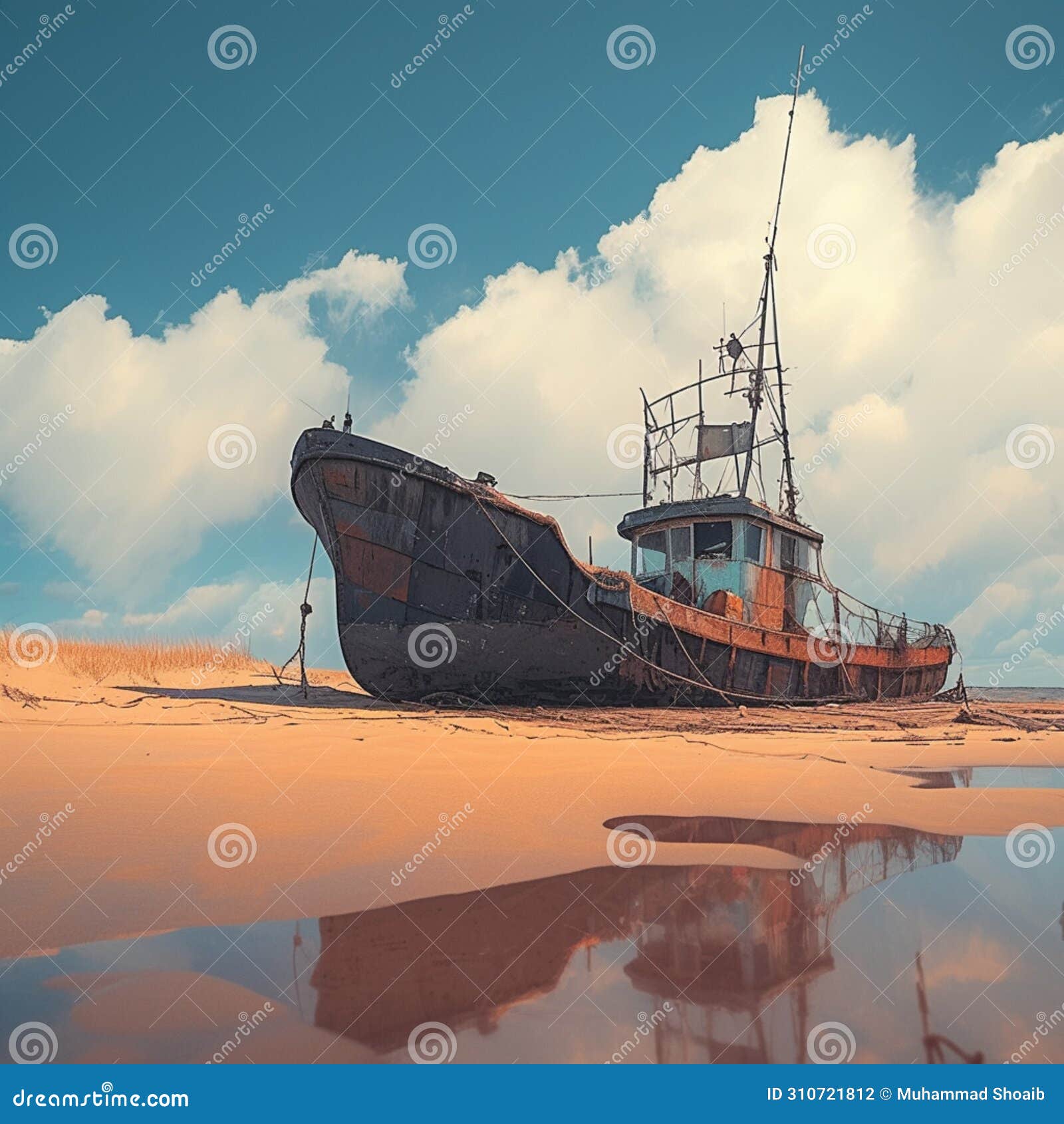 rustic fishing boat stranded on sandy shore, a relic of seafaring days