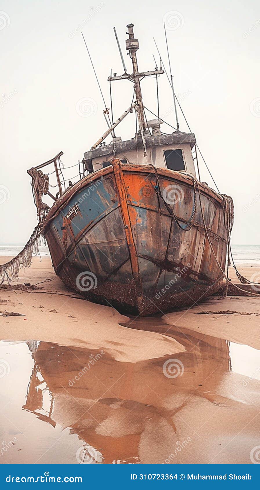 rustic fishing boat stranded on sandy shore, a relic of seafaring days