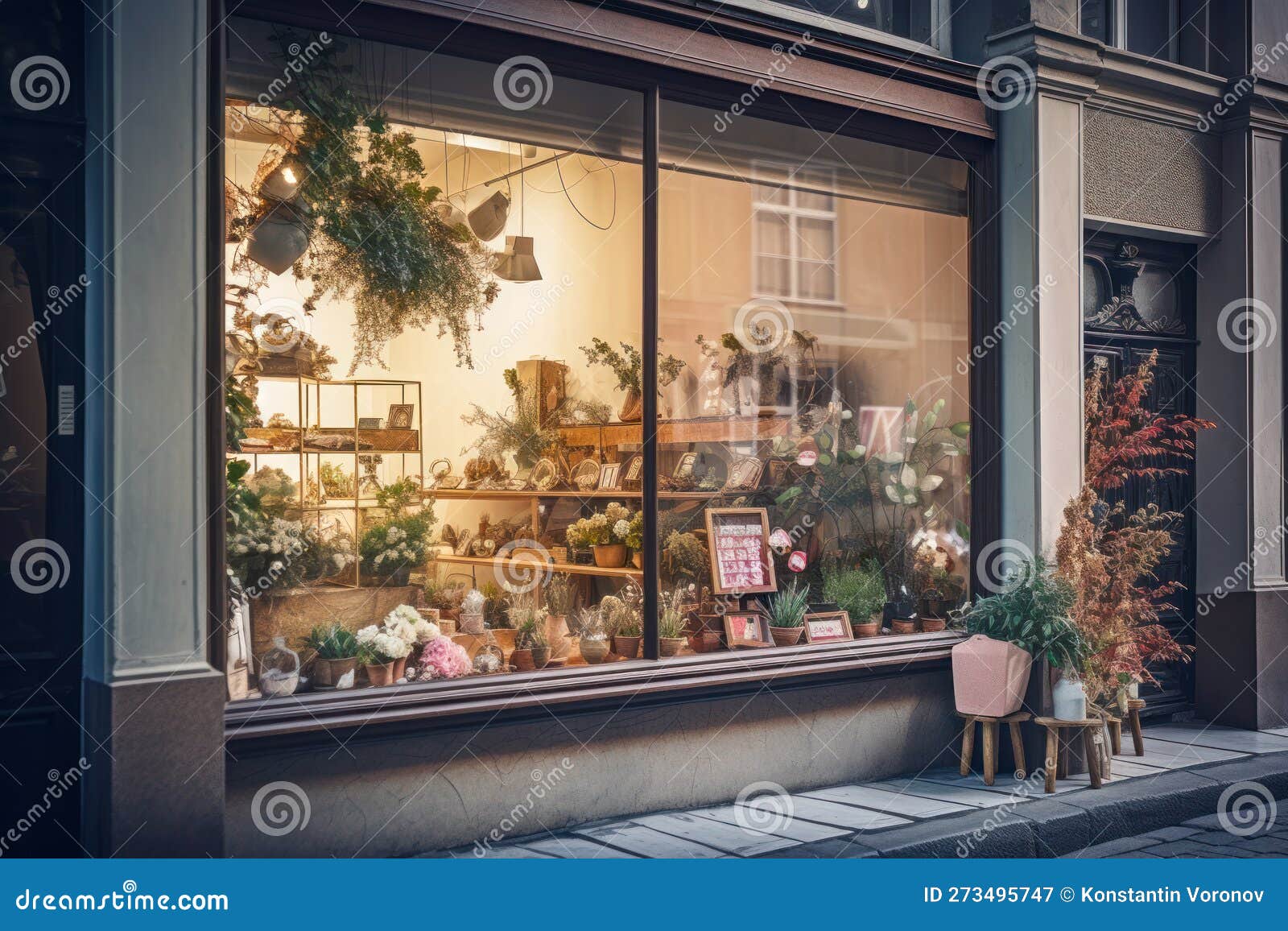 Rustic Flower Shop Windows Displaying Beautiful Blooms, Generative AI Stock Illustration