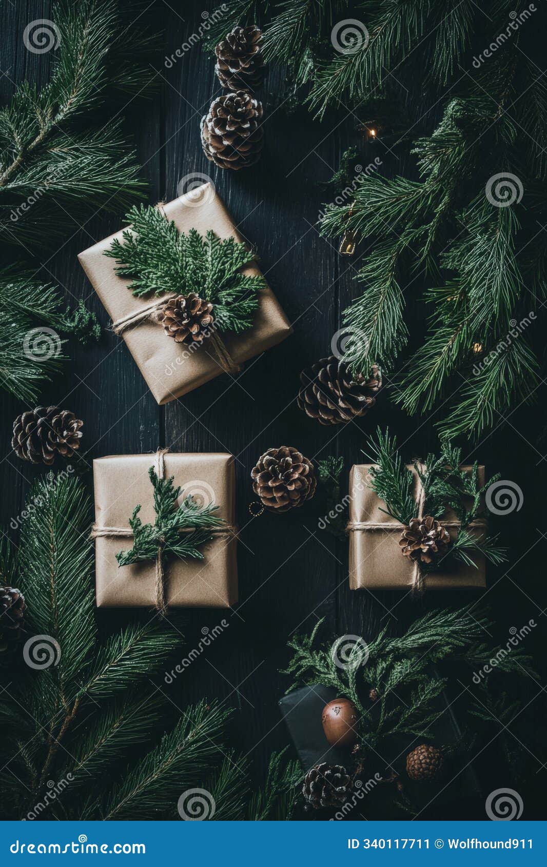 a rustic holiday scene with neatly wrapped presents, fir branches, and scattered pine cones on a