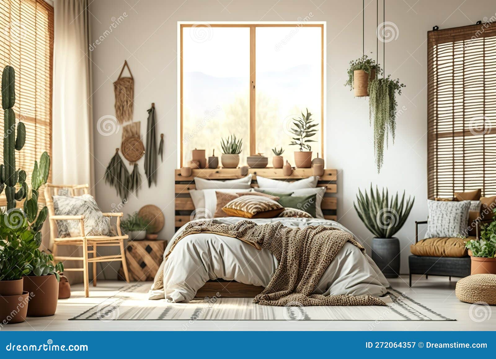 https://thumbs.dreamstime.com/z/rustic-home-design-ethnic-decoration-bed-pillows-wooden-furniture-plants-pots-armchair-curtains-large-windows-cozy-272064357.jpg