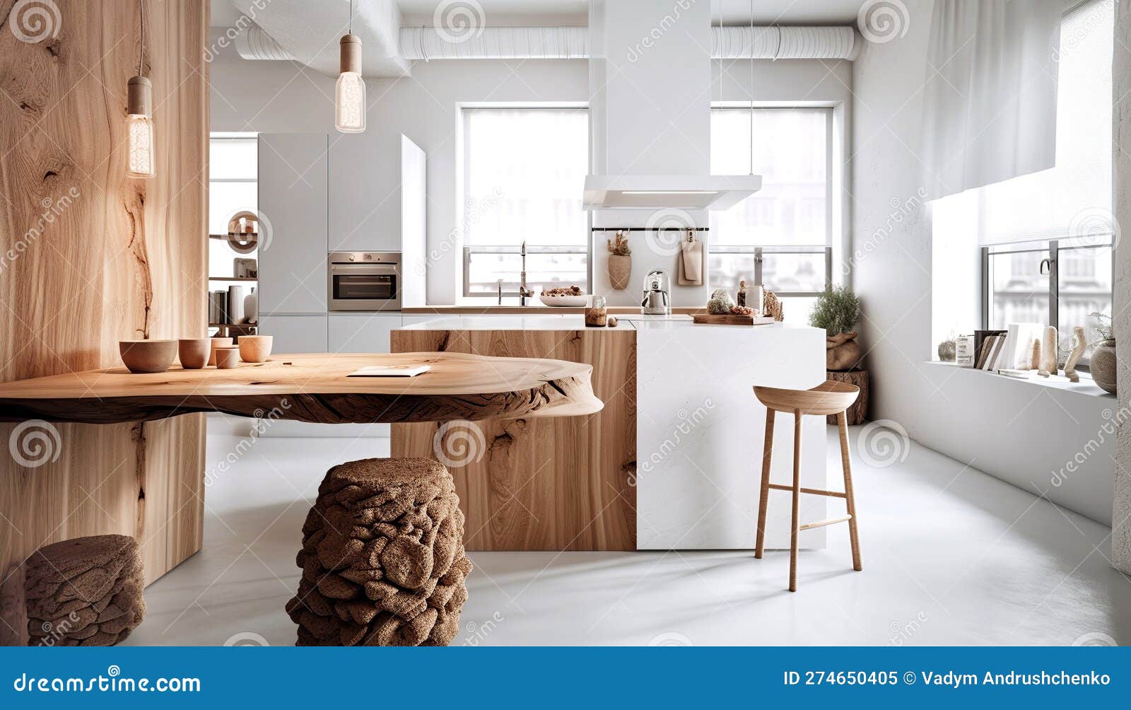 Rustic Interior Design of Kitchen, Dining Table and Chairs. Created with Generative Ai
