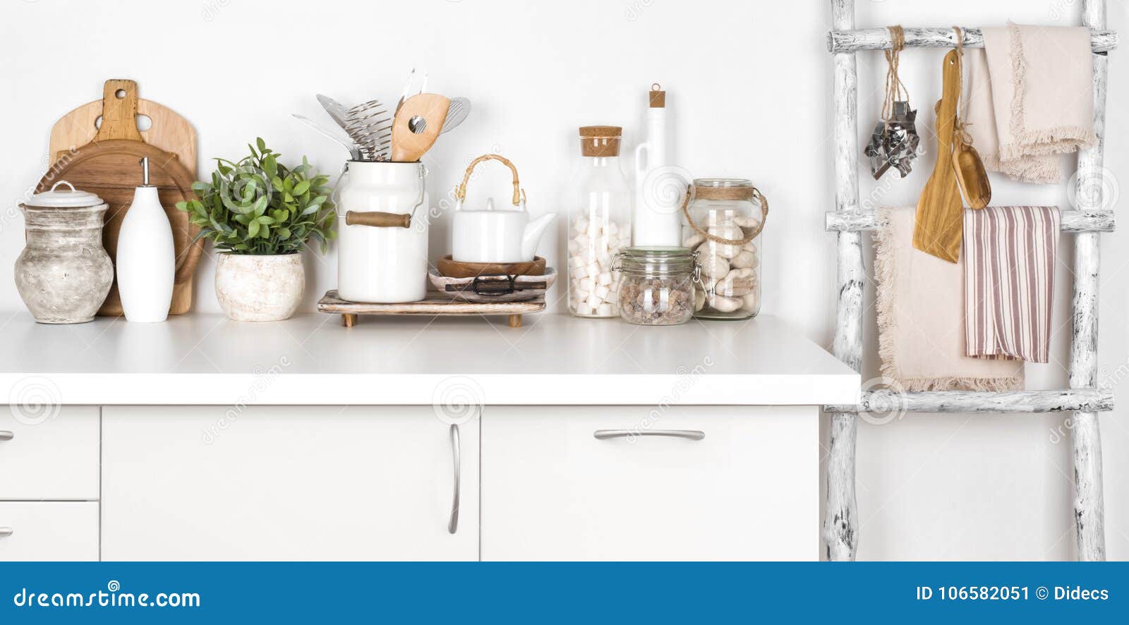 Rustic Kitchen Bench and Ladder with Various Utensils on White Stock
