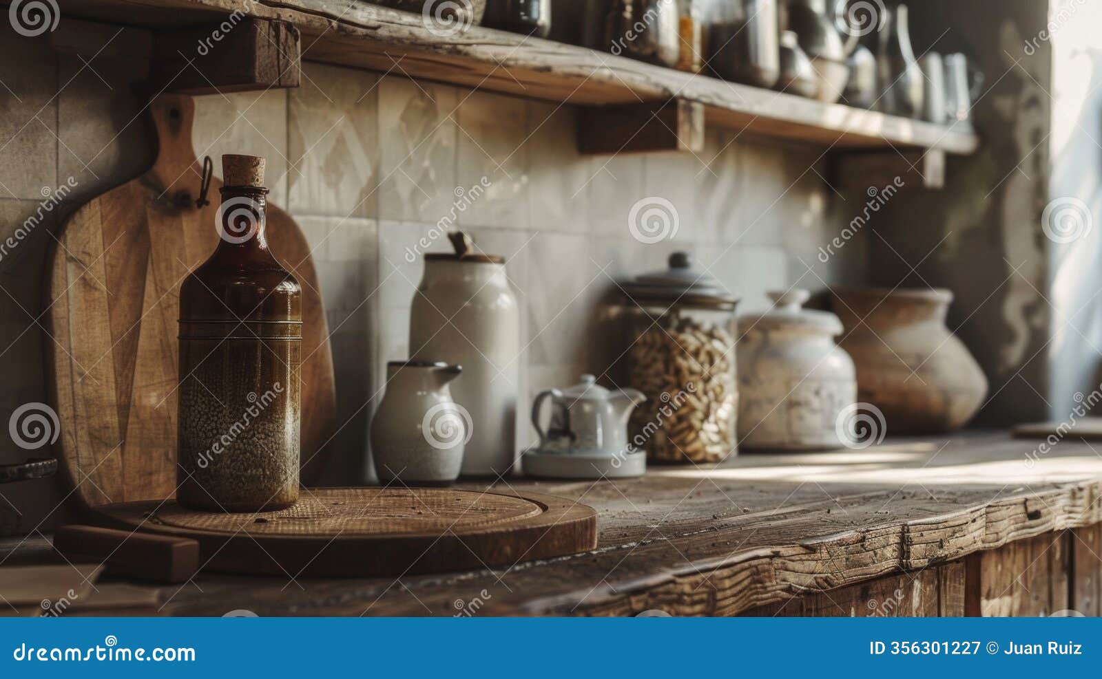 rustic kitchen countertop with jars and utensils