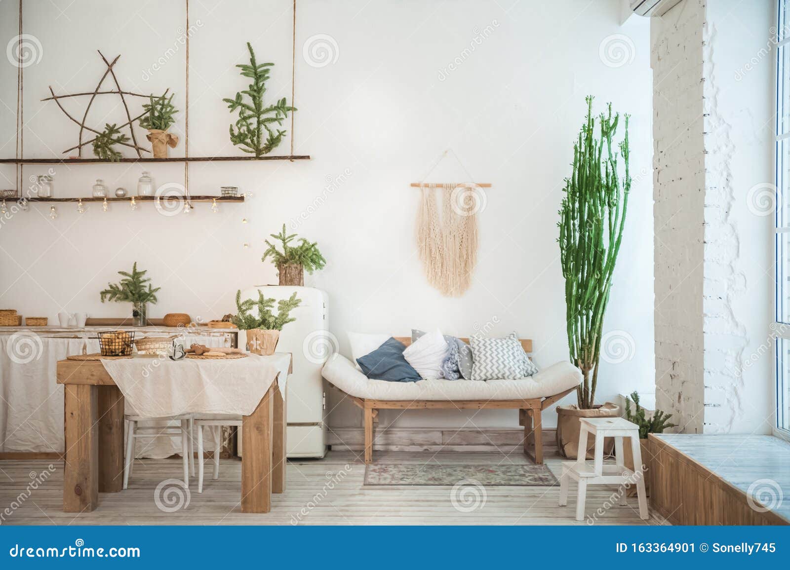 Rustic Kitchen And Living Room Interior Decorated For Christmas New Year S Interior Of The Scandinavian Style Textural Light Roo Stock Image Image Of Furniture Design 163364901