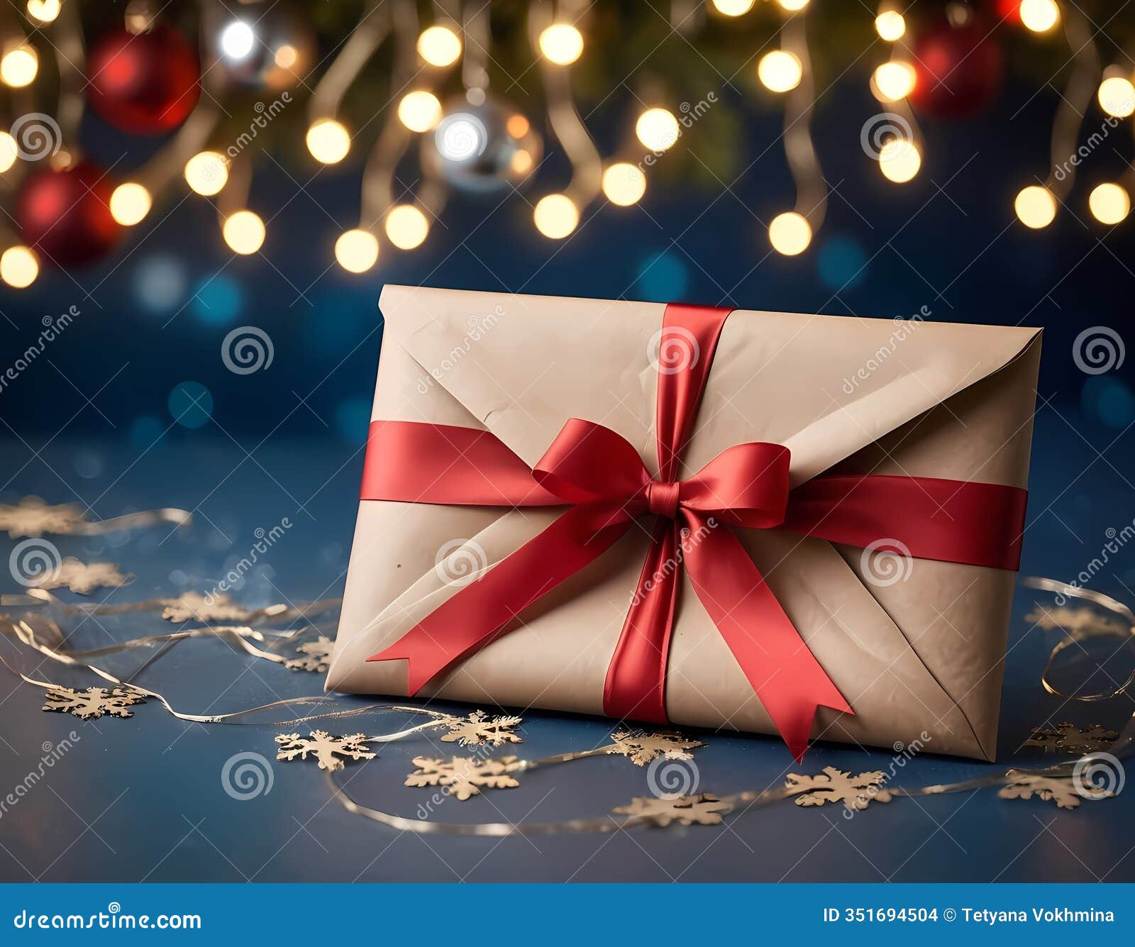 rustic kraft envelope with red ribbon and snowflake charm for christmas gifts