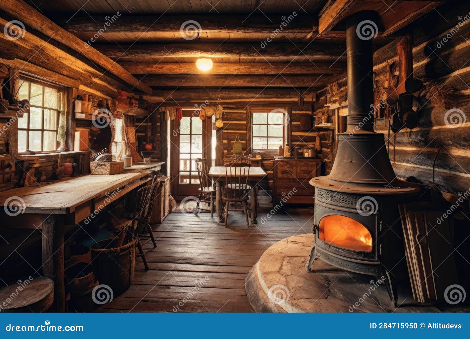 Rustic Log Cabin Interior with Woodburning Stove Stock Photo Image