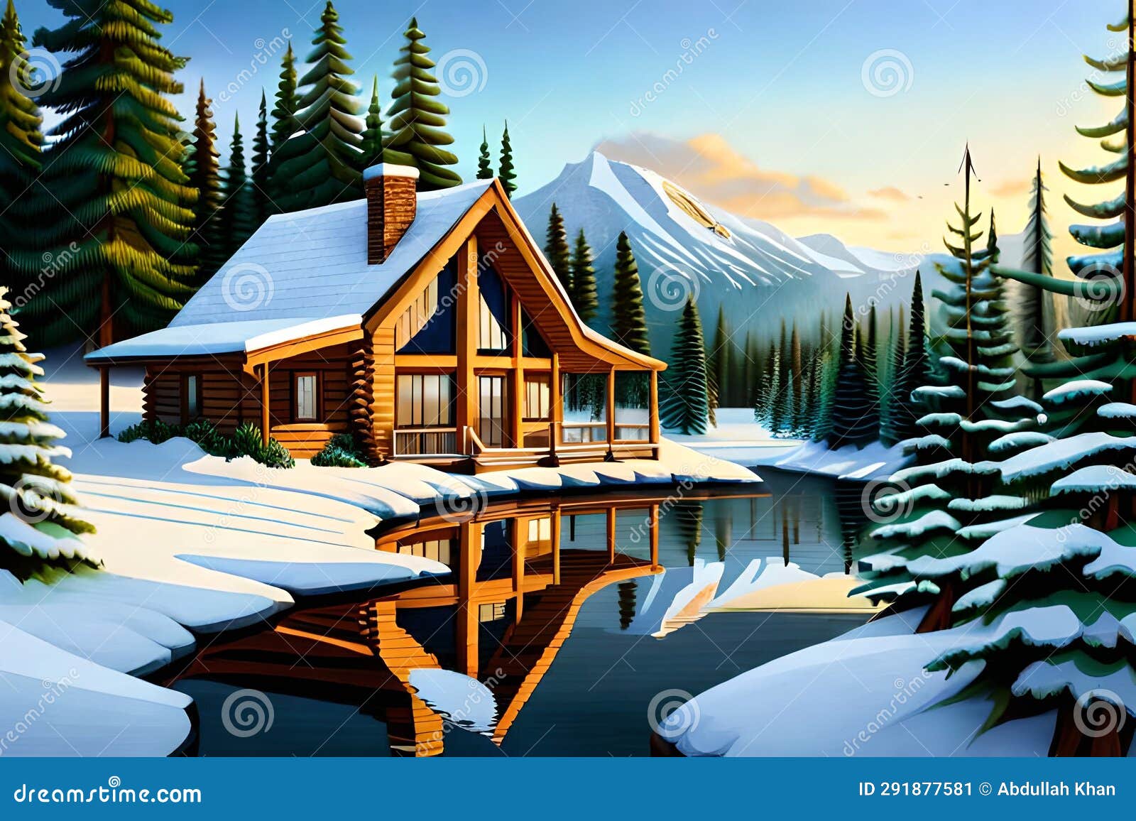 A Rustic Log Cabin Nestled in a Snowy Pine Stock Illustration ...