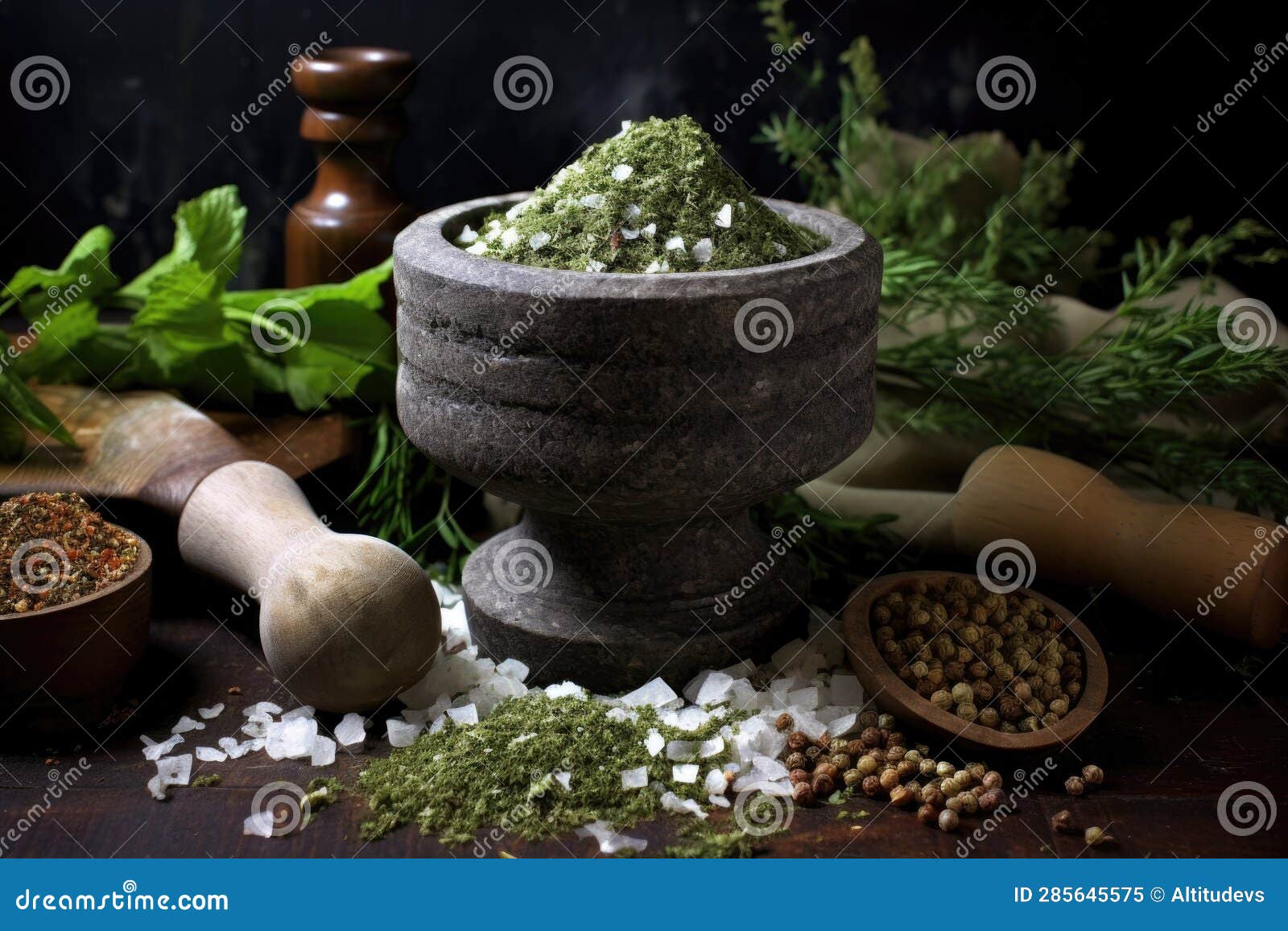 Rustic Mortar and Pestle with Crushed Herbs Stock Image Image of food