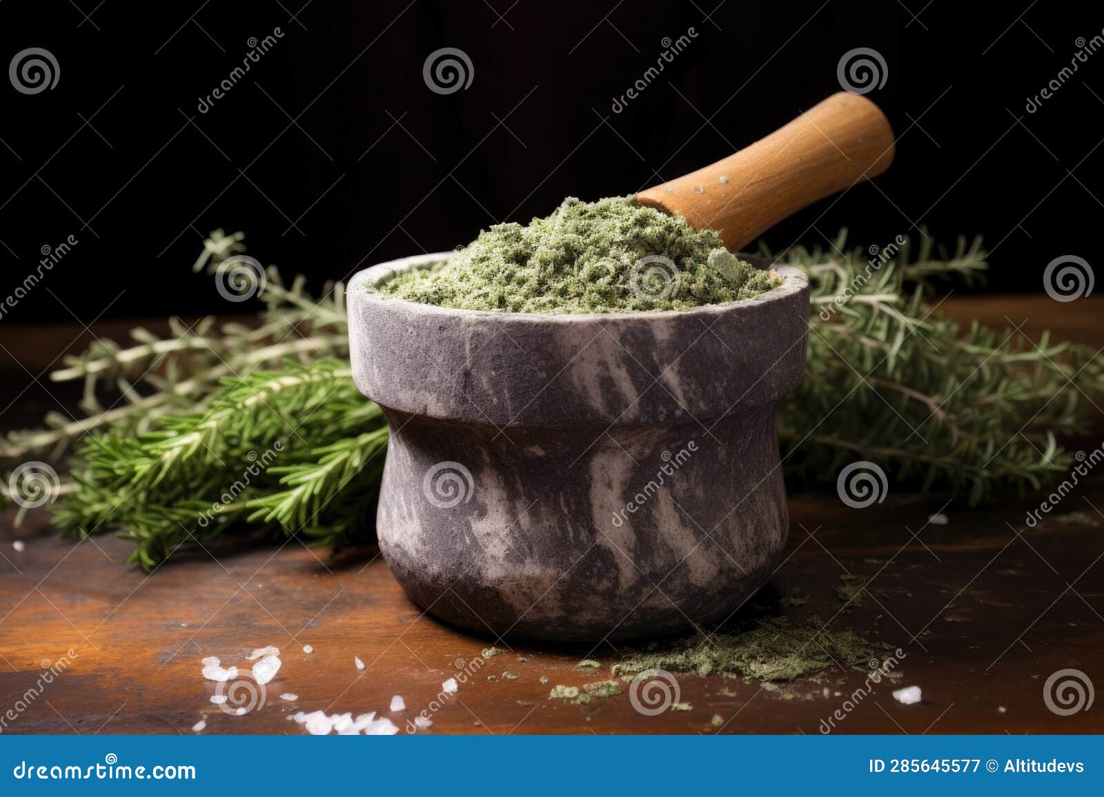 Rustic Mortar and Pestle with Crushed Herbs Stock Image Image of