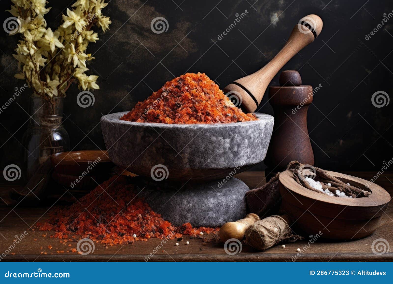Rustic Mortar and Pestle with Crushed Spices Stock Image Image of