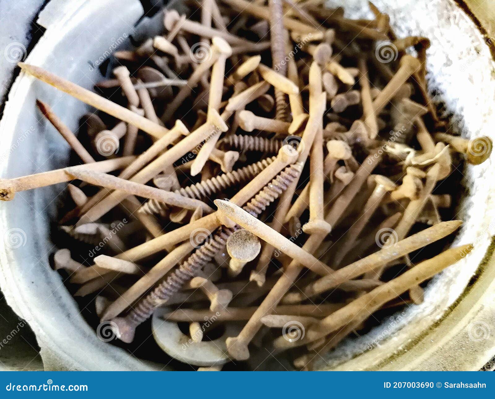 Rustic Nails in Grunge Plastic Bin Stock Photo Image of stain, grunge