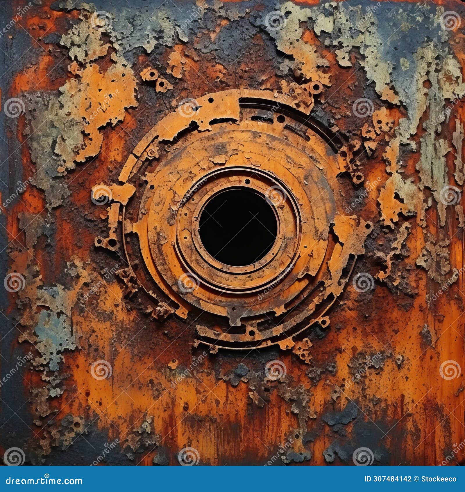 rustic nuclear art: indigo and bronze door with irregular patterns