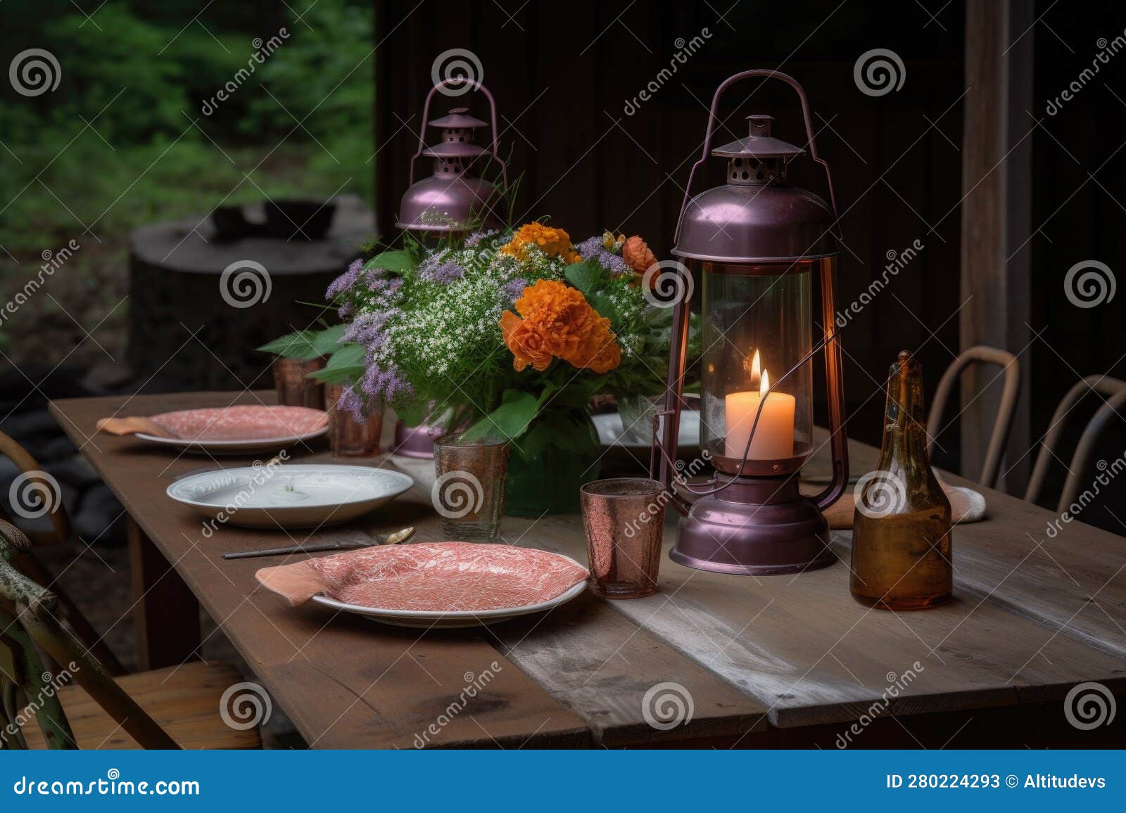 rustic outdoor table setting with lantern, vase of flowers, and copperware for a warm and inviting feel