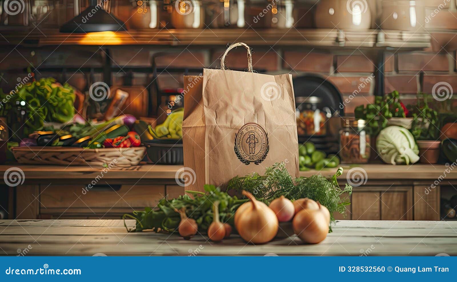 a rustic paper bag mockup placed on a farmhouse kitchen table generated by ai