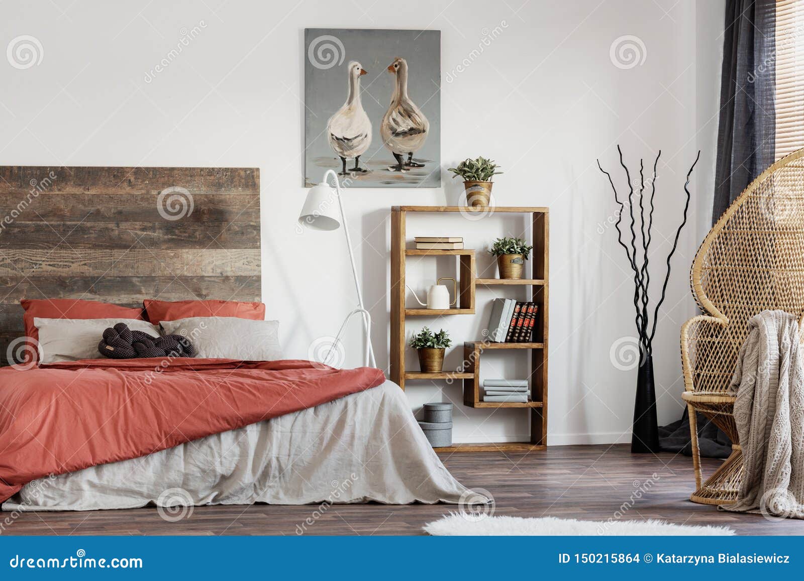 Rustic Poster With Two Ducks Wooden Bookshelf And Double Bed With