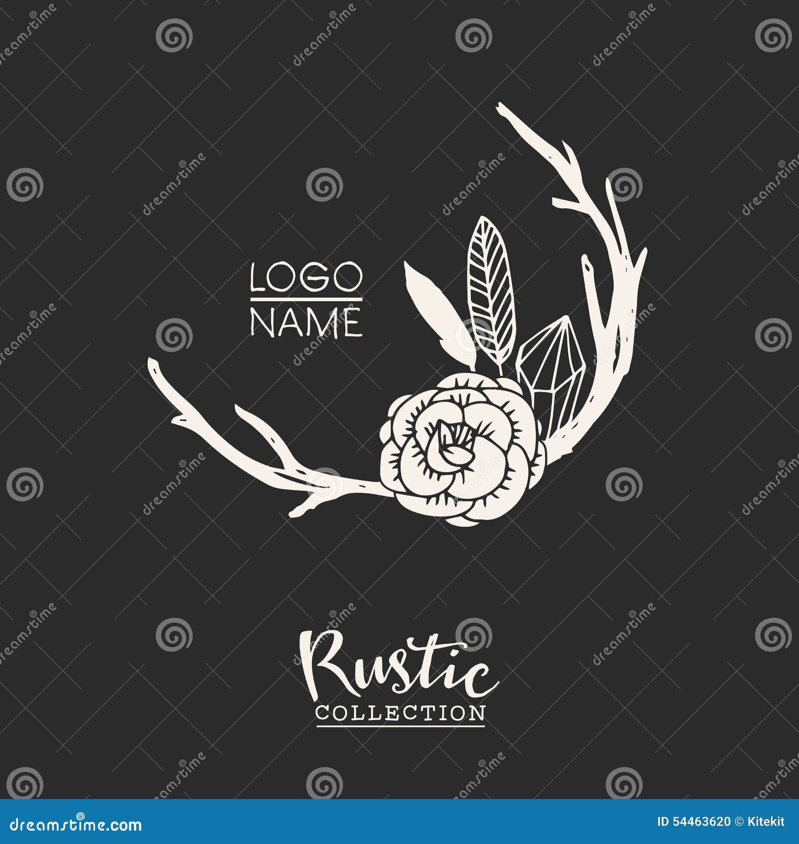 rustic premade typographic logo with flowers, branches, antlers and feathers.