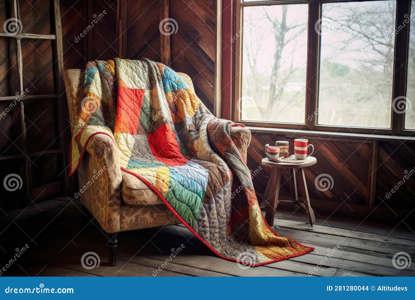 Rustic Quilt Draped Over a Cozy Armchair Stock Photo Image of vintage