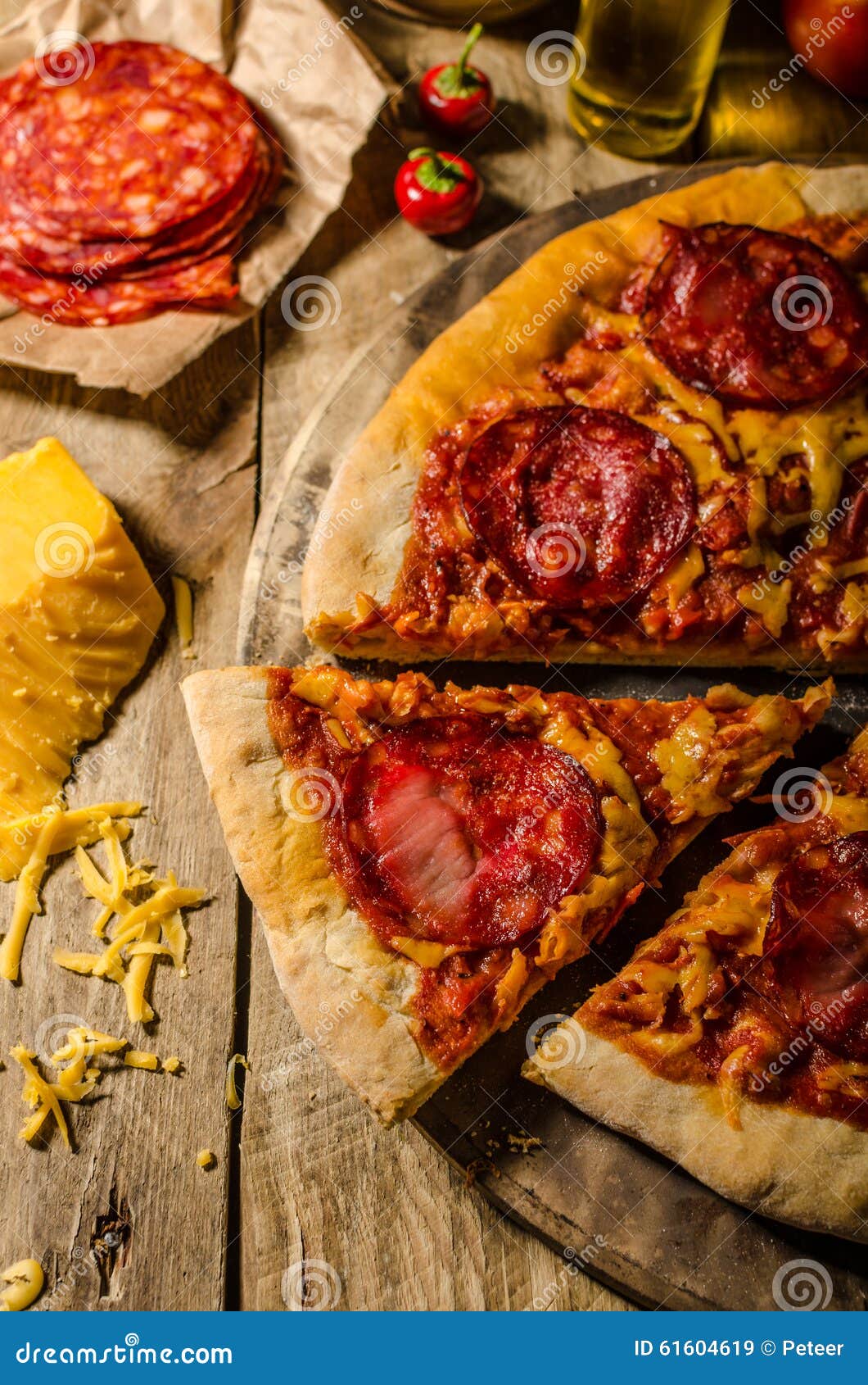 Rustic Salami Pizza with Cheddar Cheese and Chorizo Stock Image Image