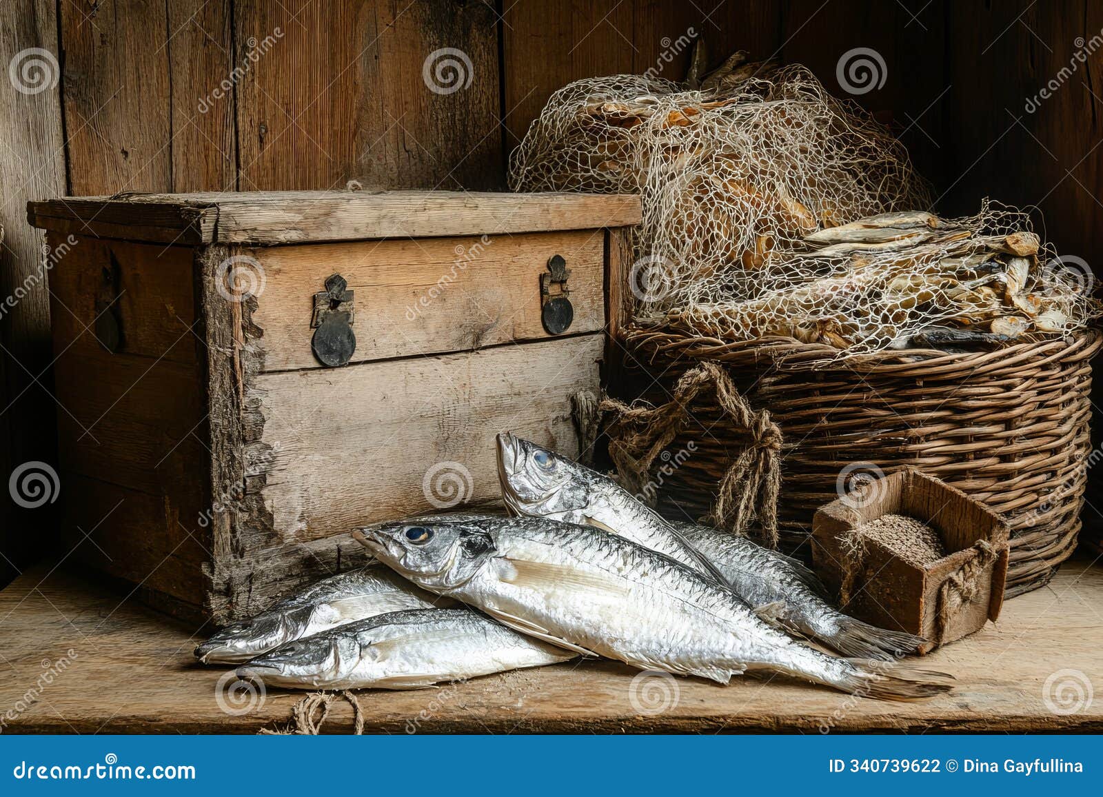 rustic still life with dried fish and fishing net