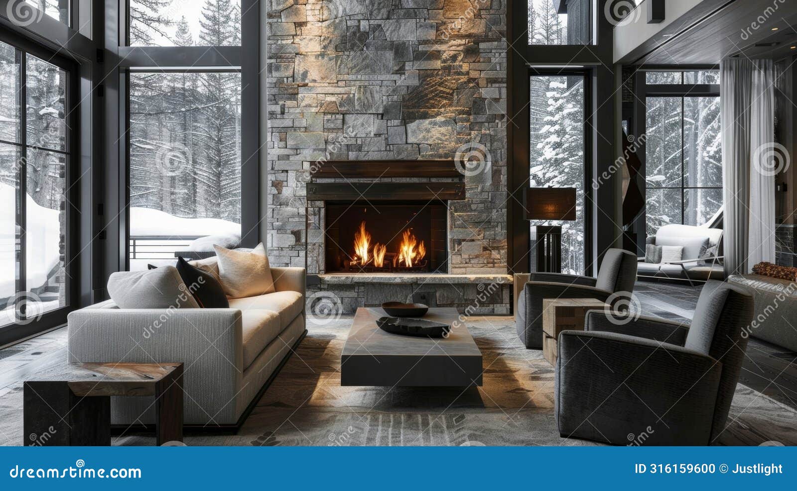 the rustic stone fireplace contrasts beautifully against the sleek contemporary furniture in this monochromatic room. 2d