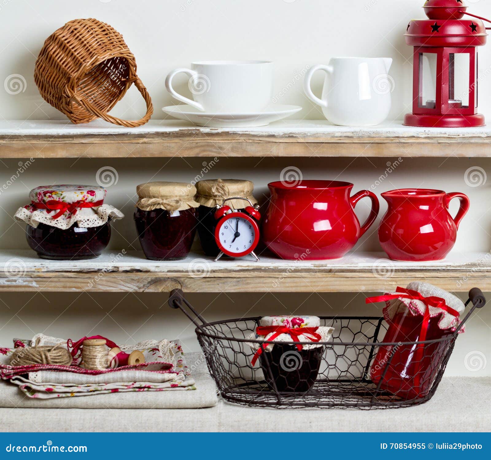 A Rustic Style. Ceramic Tableware and Kitchenware in Red on the Stock Image Image of country