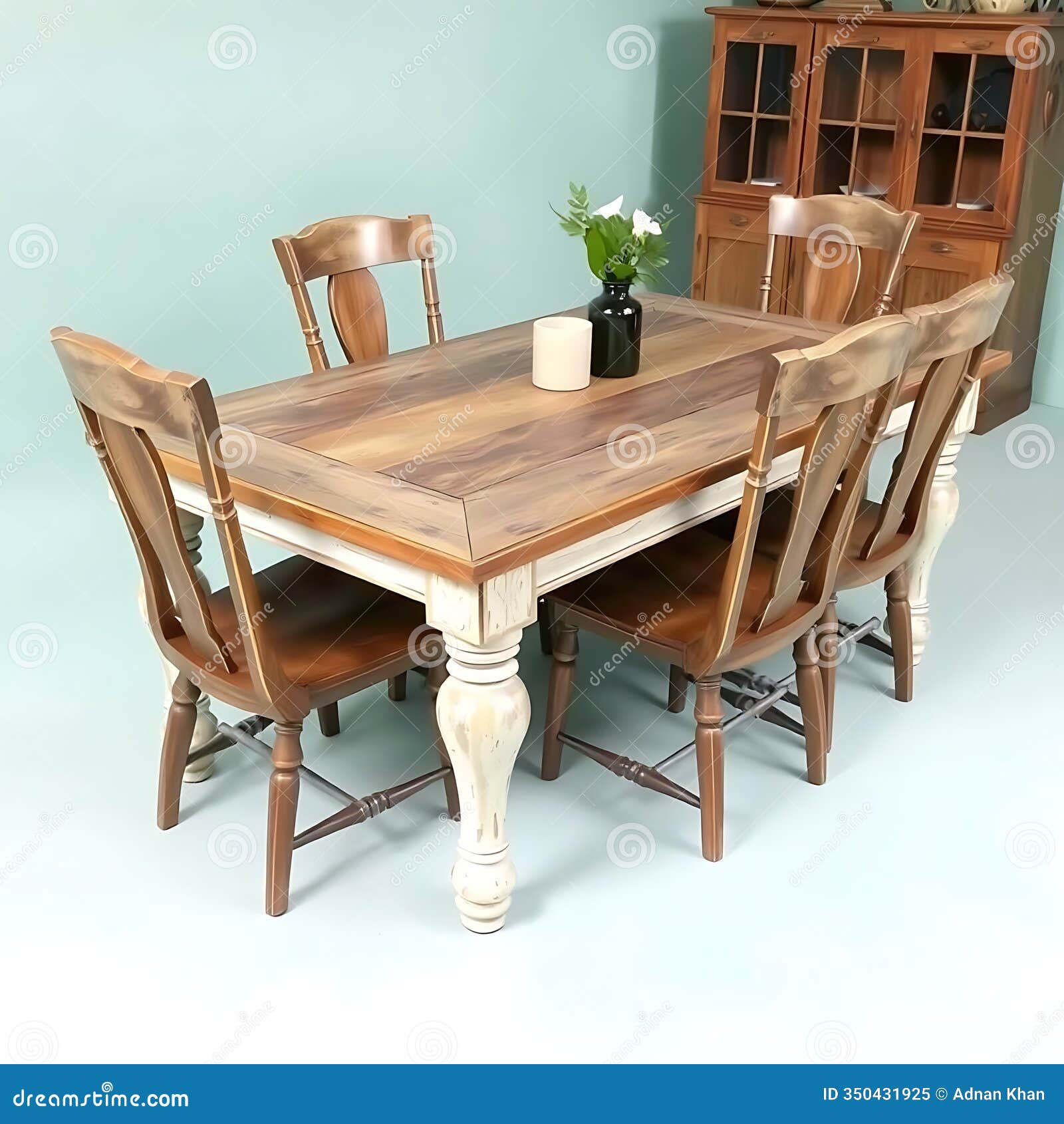 A Rustic Style Dining Table with a Distressed Finish and Matching