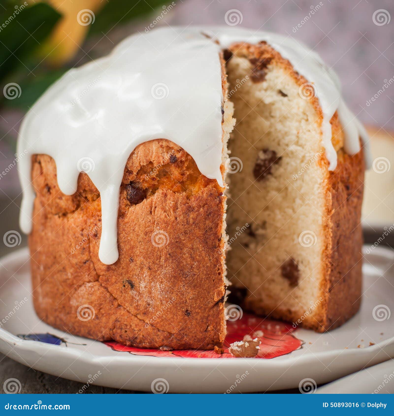 Rustic Style Kulich Russian Sweet Easter Bread Topped