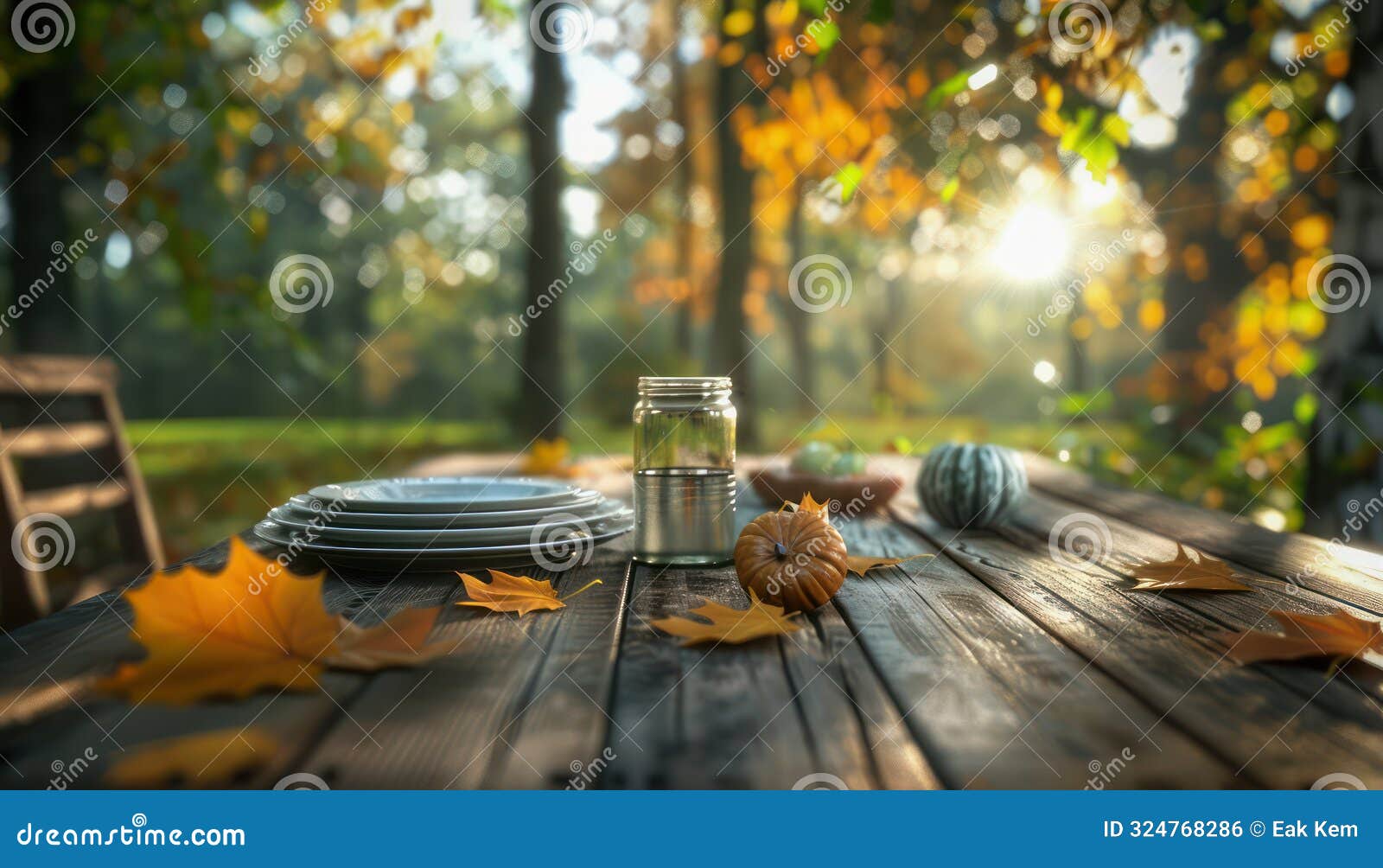 rustic thanksgiving table setting with matching plates and glasses, fall colors and natural s, outdoor dinner party ideas