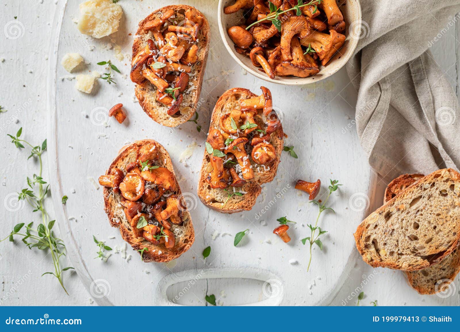 Rustic Toast Made with Mushrooms, Parmesan Cheese and Thyme Stock Image