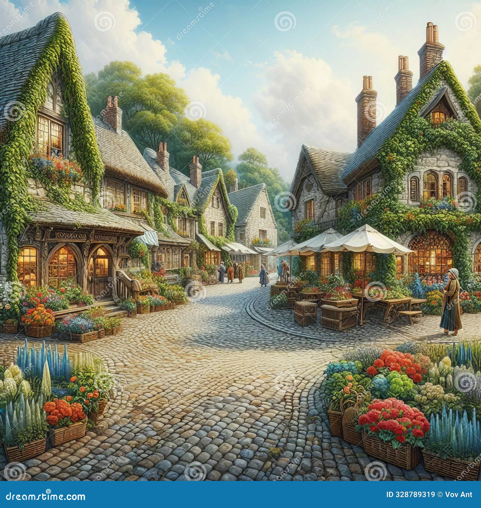 91 26 rustic village view cobblestone streets ivy clad cottage