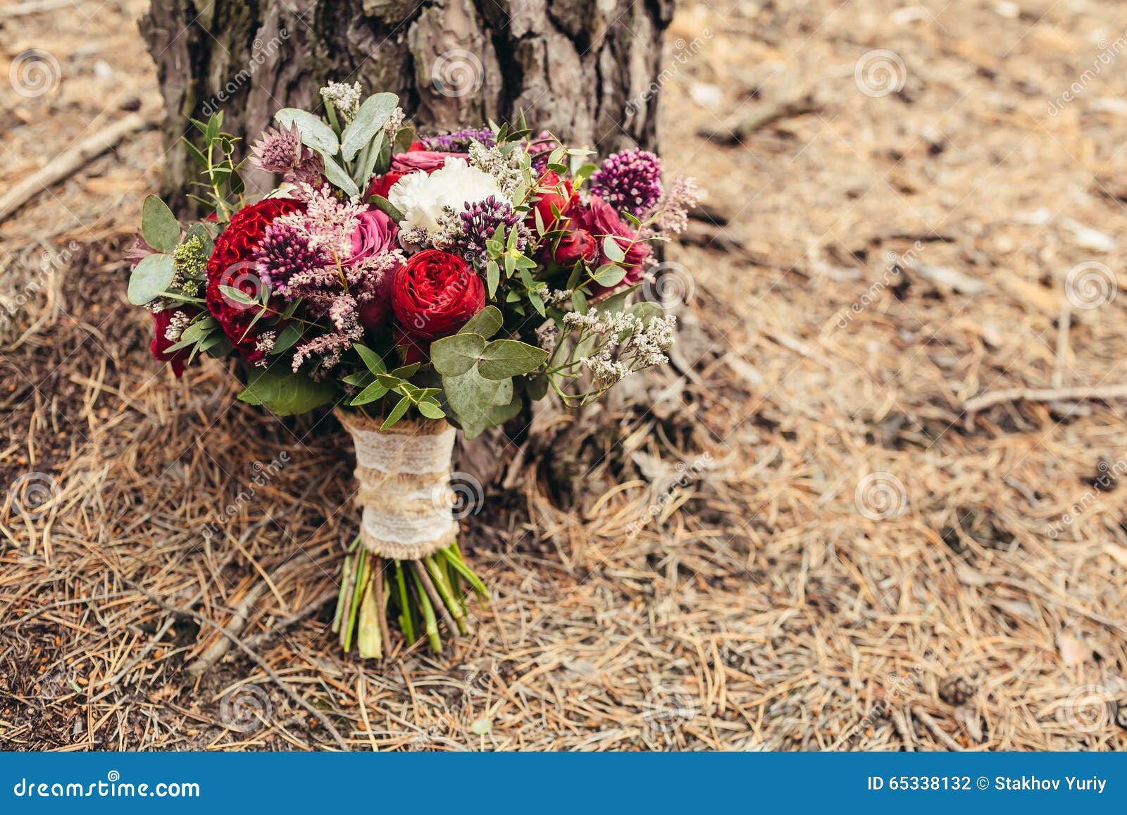 Rustic Wedding Bouquet with Red Rose Nearly Pine Tree with Cope Stock