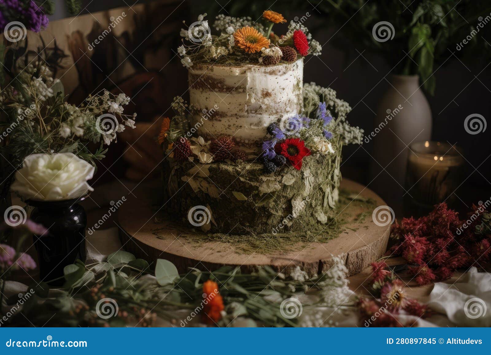 Rustic Wedding Cake with Dried Herbs and Wildflowers Stock Image