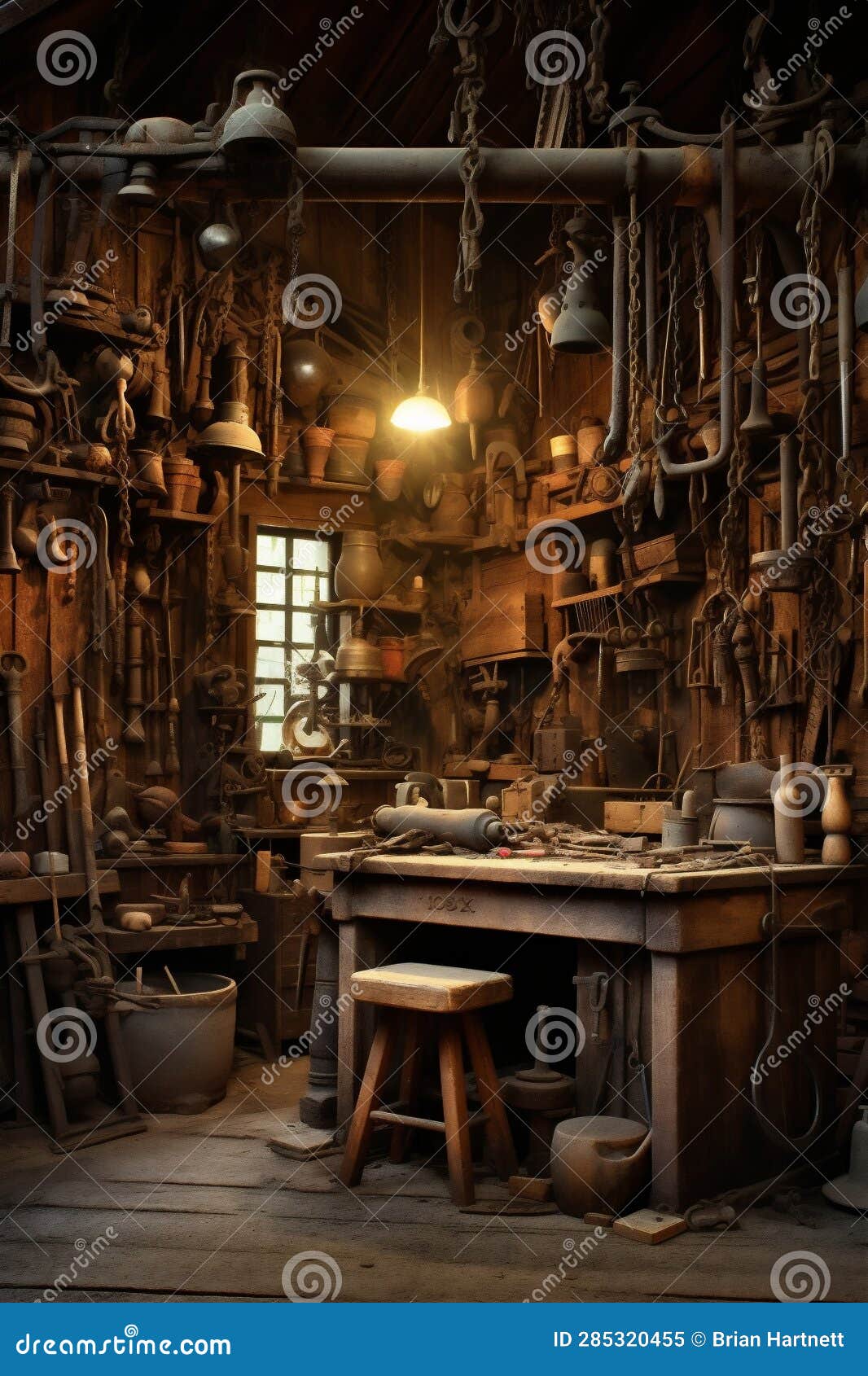 rustic wood shop, work shop with old rusted tools hanging on the wall, old timey rustic feel, generative ai