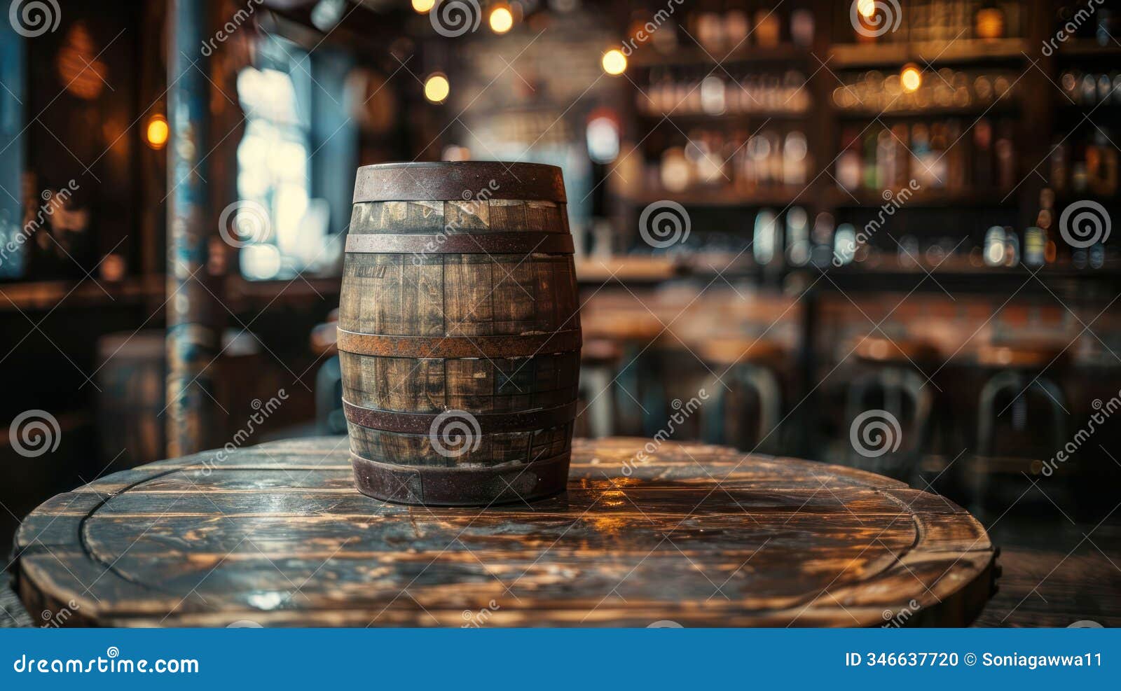 a rustic wooden barrel sits on a table in a cozy bar setting