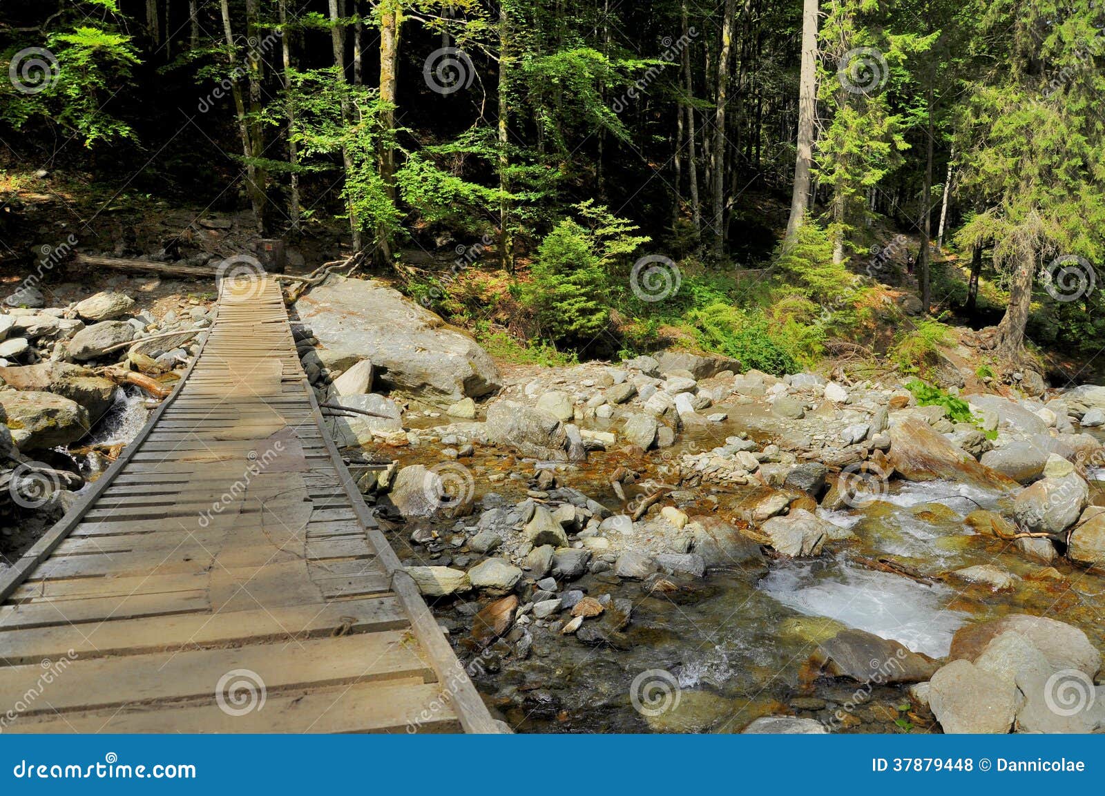 Rustic Wooden Bridge Over A Mountain Stream Royalty Free Stock Photos