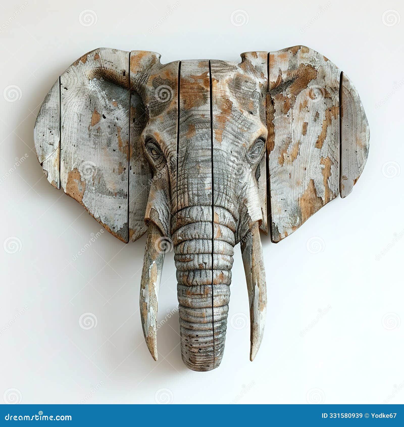 rustic wooden elephant head sculpture with detailed carvings and natural texture, perfect for adding a touch of wildlife and