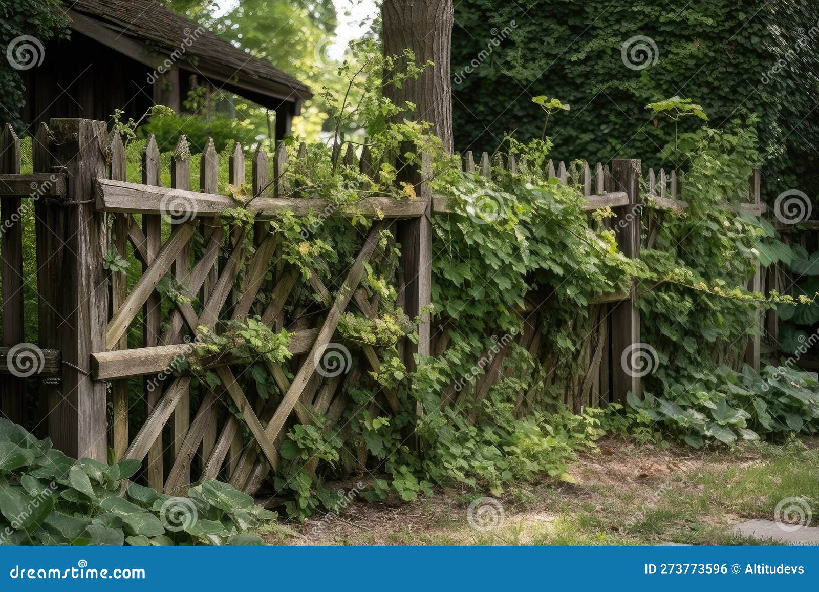 Rustic Wooden Fence with Vines Creeping Up the Posts and Trellis Stock
