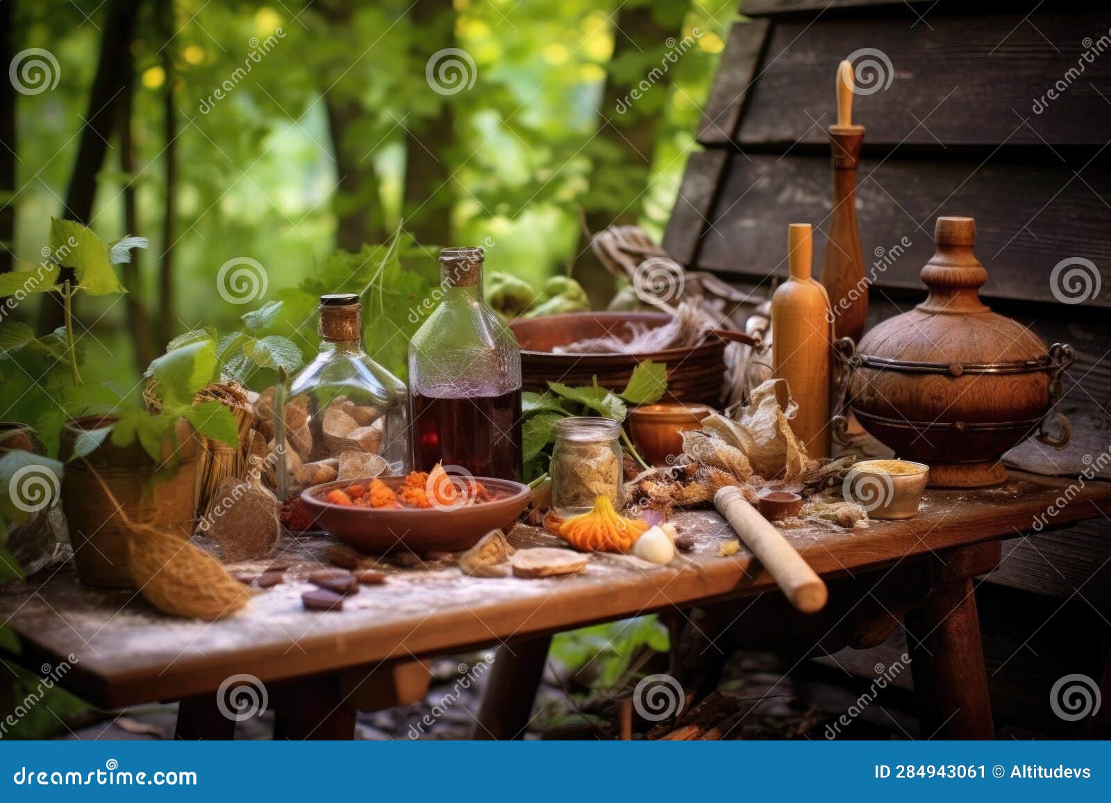 Rustic Wooden Table with Brandy Making Ingredients at a Picnic Stock