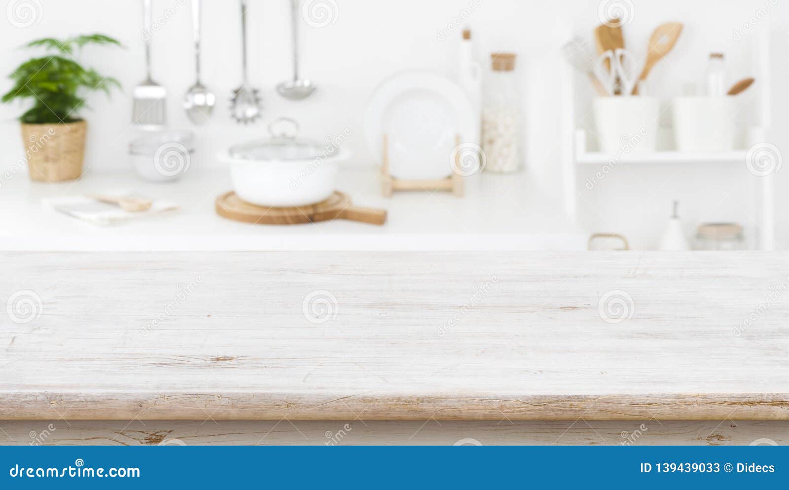 Rustic Wooden Table Top on Blurred Kitchen Shelf Background Stock Image