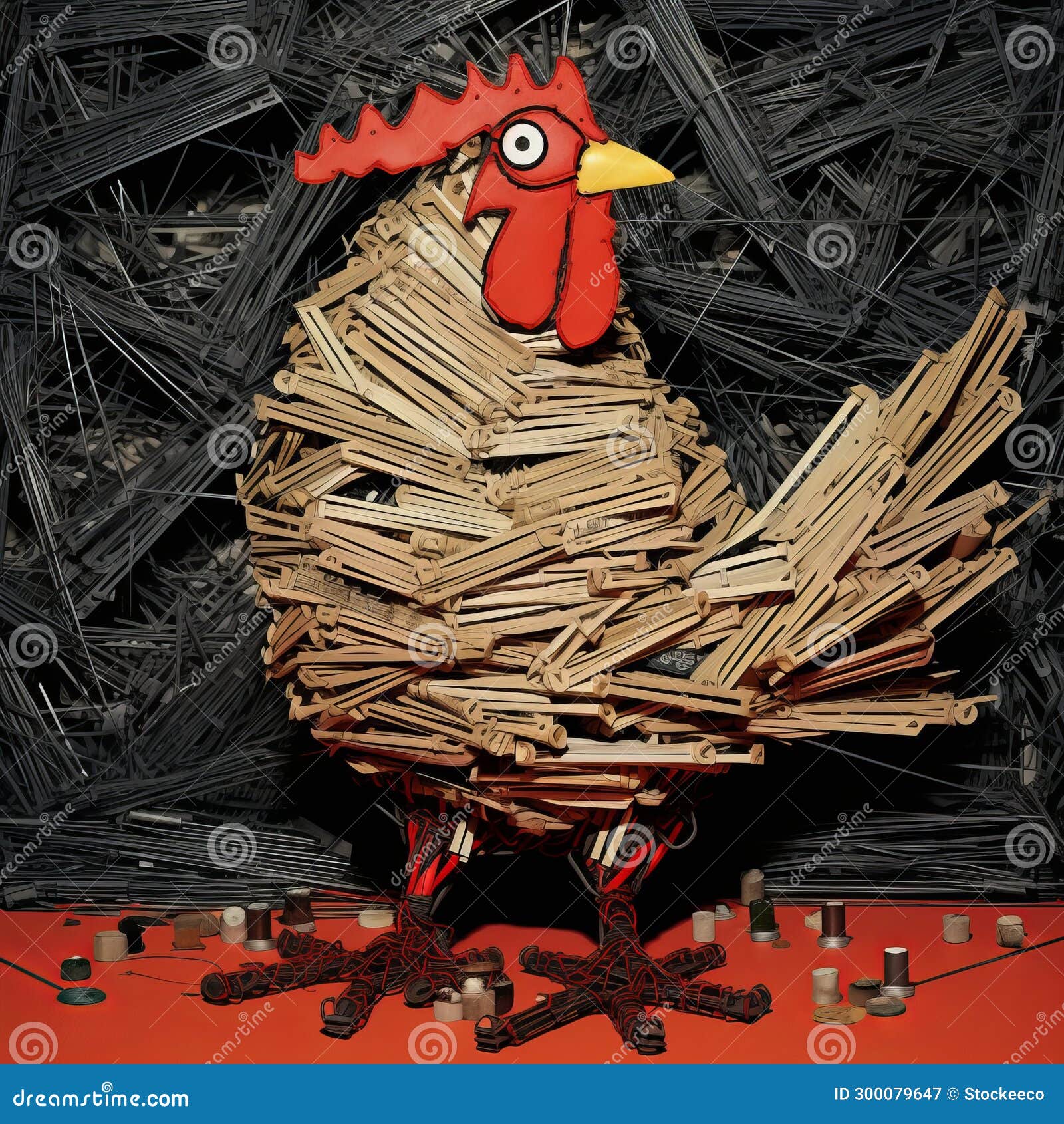rusticcore rooster: a max fleischer-inspired artwork made from clothespins