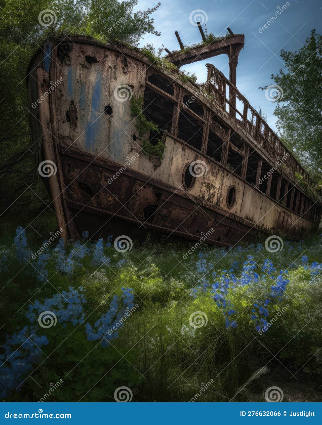 the rusting skeleton of an old ship its hull lined with forgetmenots a testament to the power of nature. abandoned