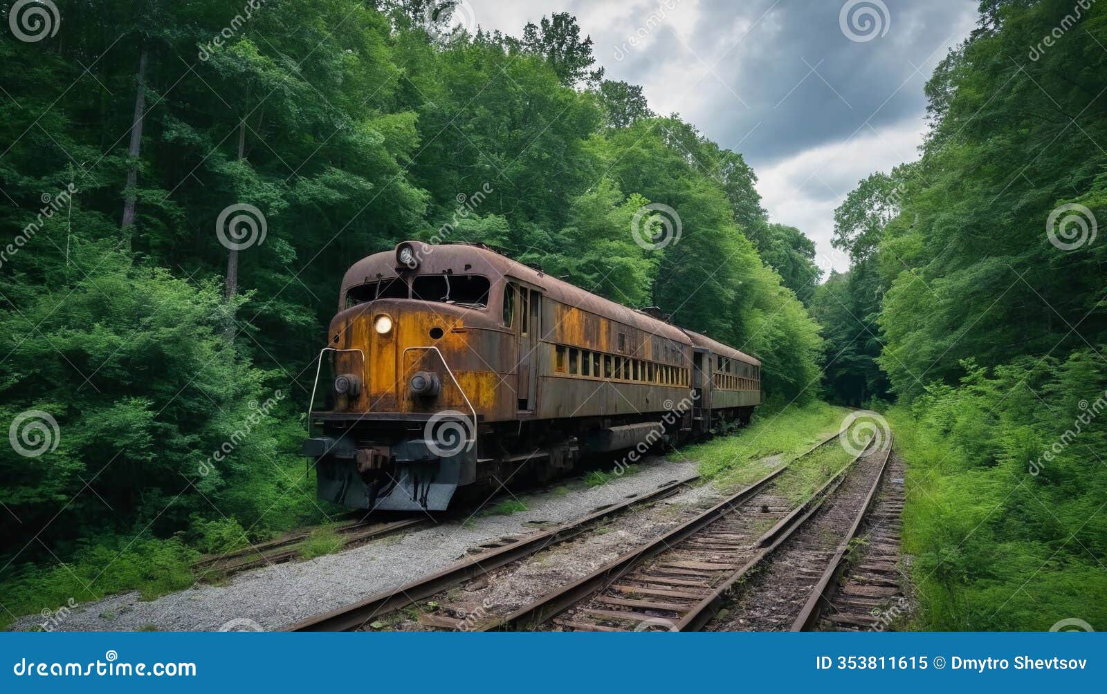 rusting train glides through lush forested landscape under a dramatic cloudy sky in an abandoned railway setting. generative ai