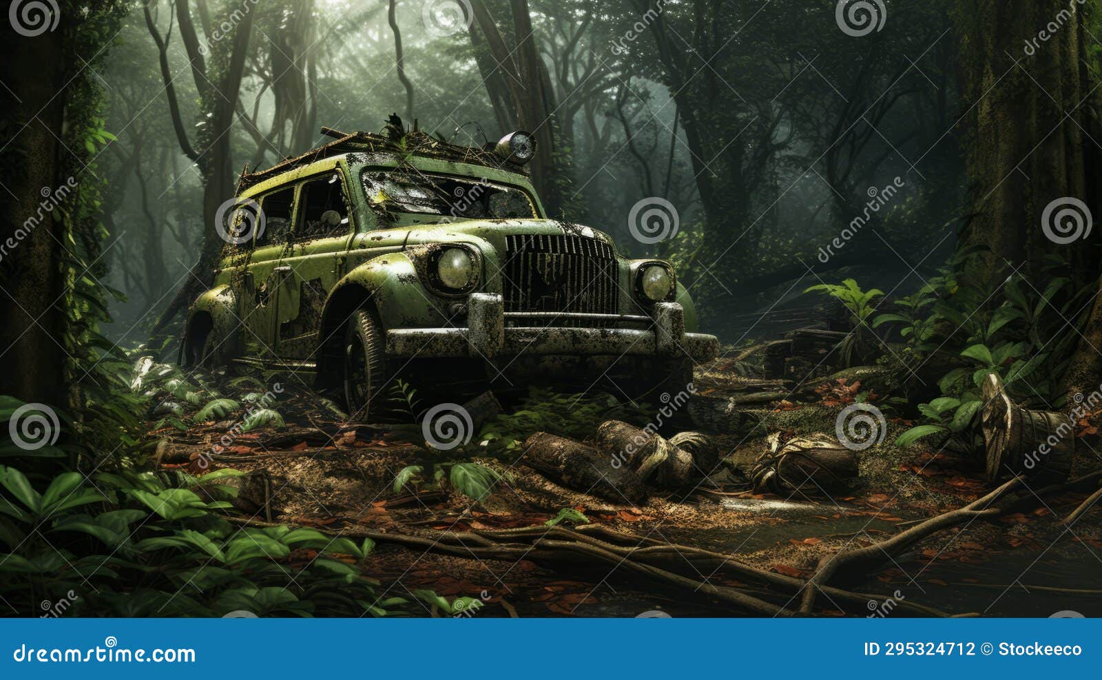 rusty car in jungle - fantasy hd wallpaper