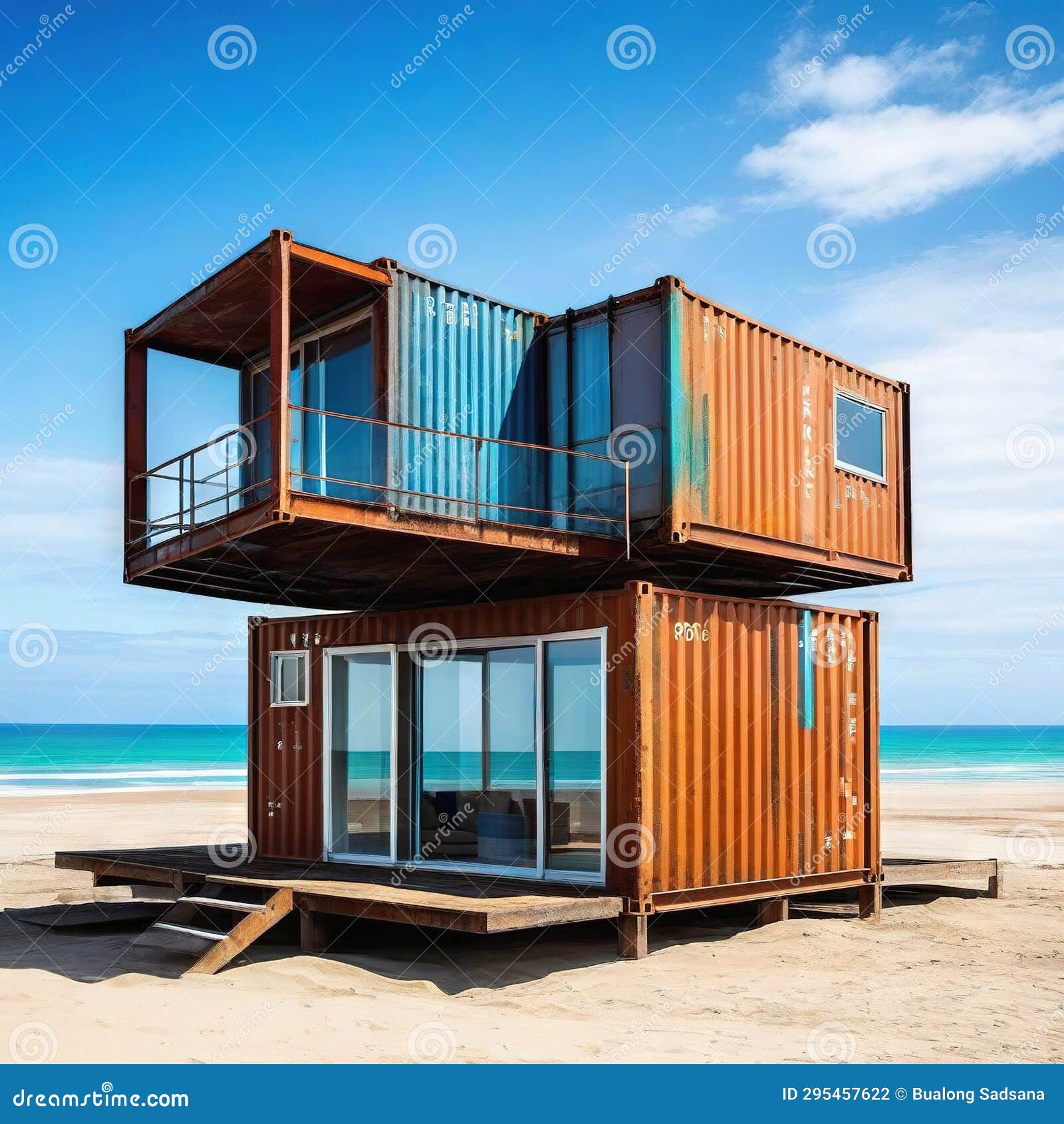 rusty and dirty looking container house on the beach in the